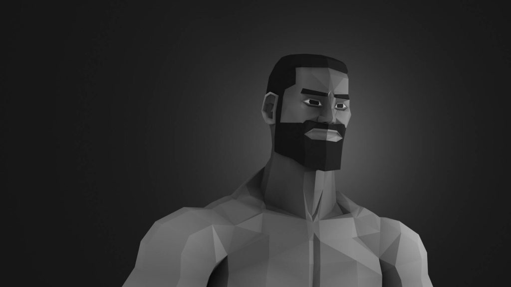 Low-poly 3D GigaChad digital art with sharp geometric facets and dramatic monochrome lighting wallpaper