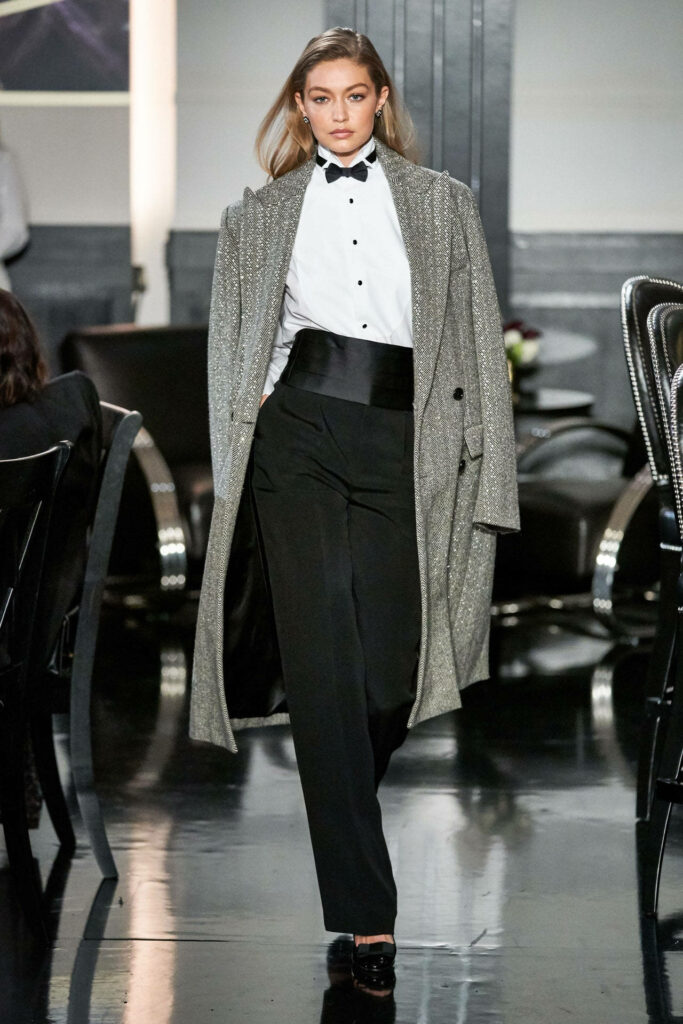 Gigi Hadid's Elegant Ralph Lauren Wallpaper: Chic Bowtie & Overcoat