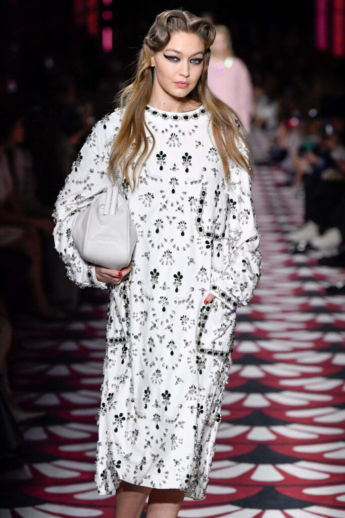 Gigi Hadid Stuns in Embellished Miu Miu Dress on Runway Wallpaper