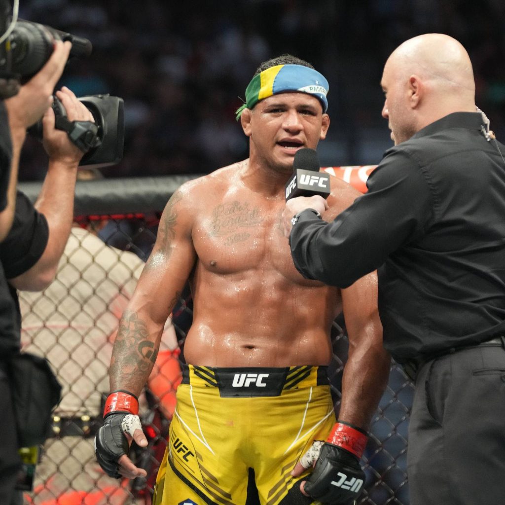 Gilbert Burns post-fight interview UFC Octagon yellow shorts Brazilian headband MMA wallpaper