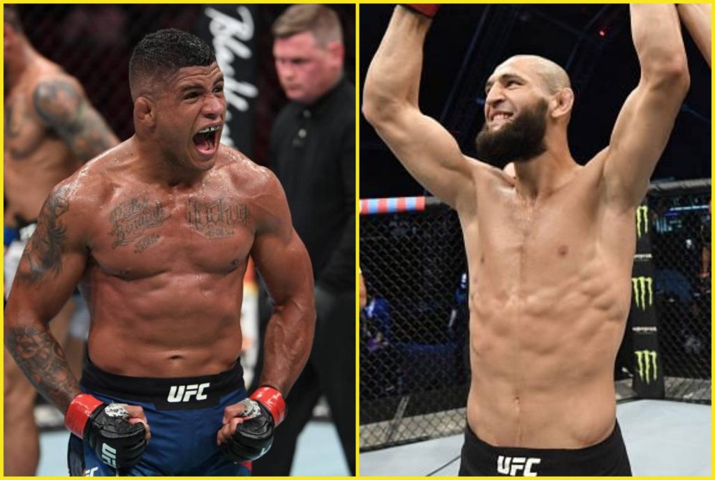 High-energy UFC wallpaper of shirtless MMA fighters Gilbert Burns and Khamzat Chimaev split-screen