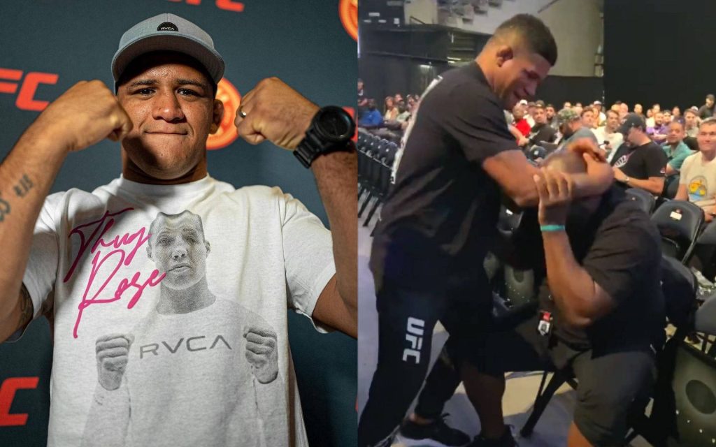 UFC star Gilbert Durinho Burns in Thug Rose tee and headlock moment with Brad Tate wallpaper