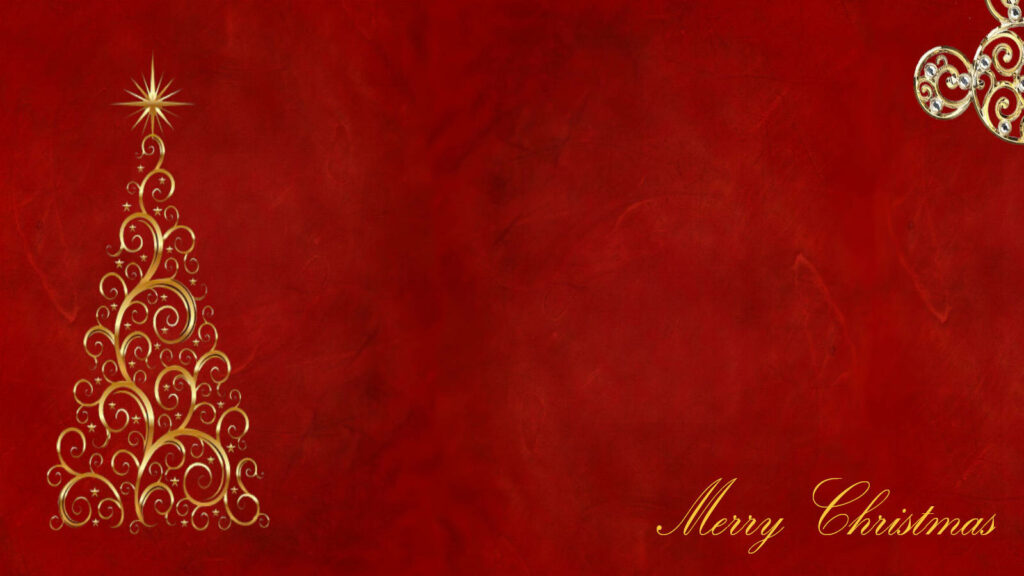 Golden Splendor: A Chic and Simple Christmas Tree Shines on a Festive Red Backdrop Wallpaper