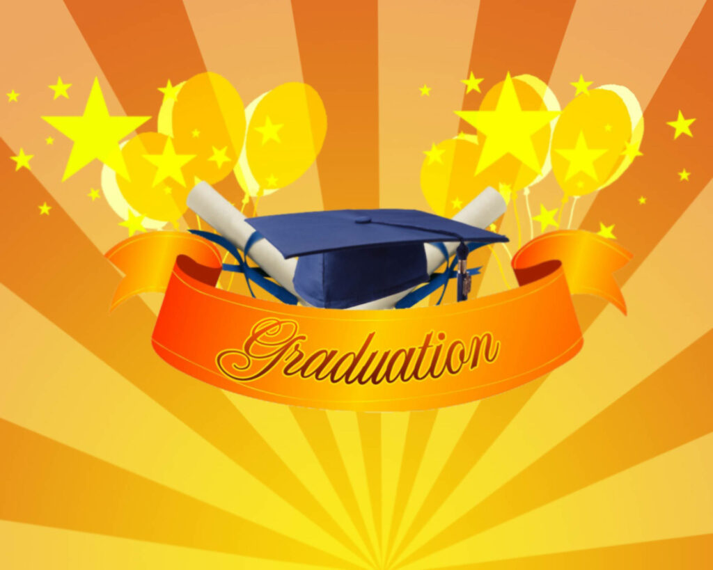 Dazzling Graduation Celebration: Gleaming Gold Banner and Decor on Vibrant Ray-Patterned Background Wallpaper