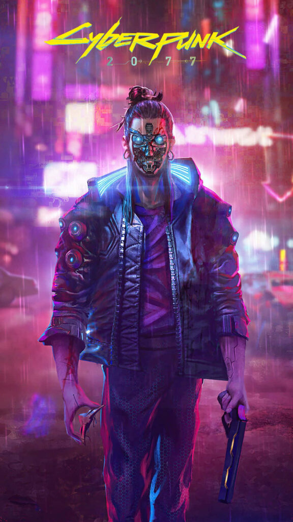 Gilded Enigma: A Futuristic Cyberpunk 2077 Wallpaper with a Luminous Masked Figure