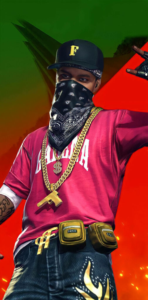 The Gold-Adorned Free Fire Hip Hop Bundle Warrior Enchants Against Vibrant Abstract Landscape Wallpaper