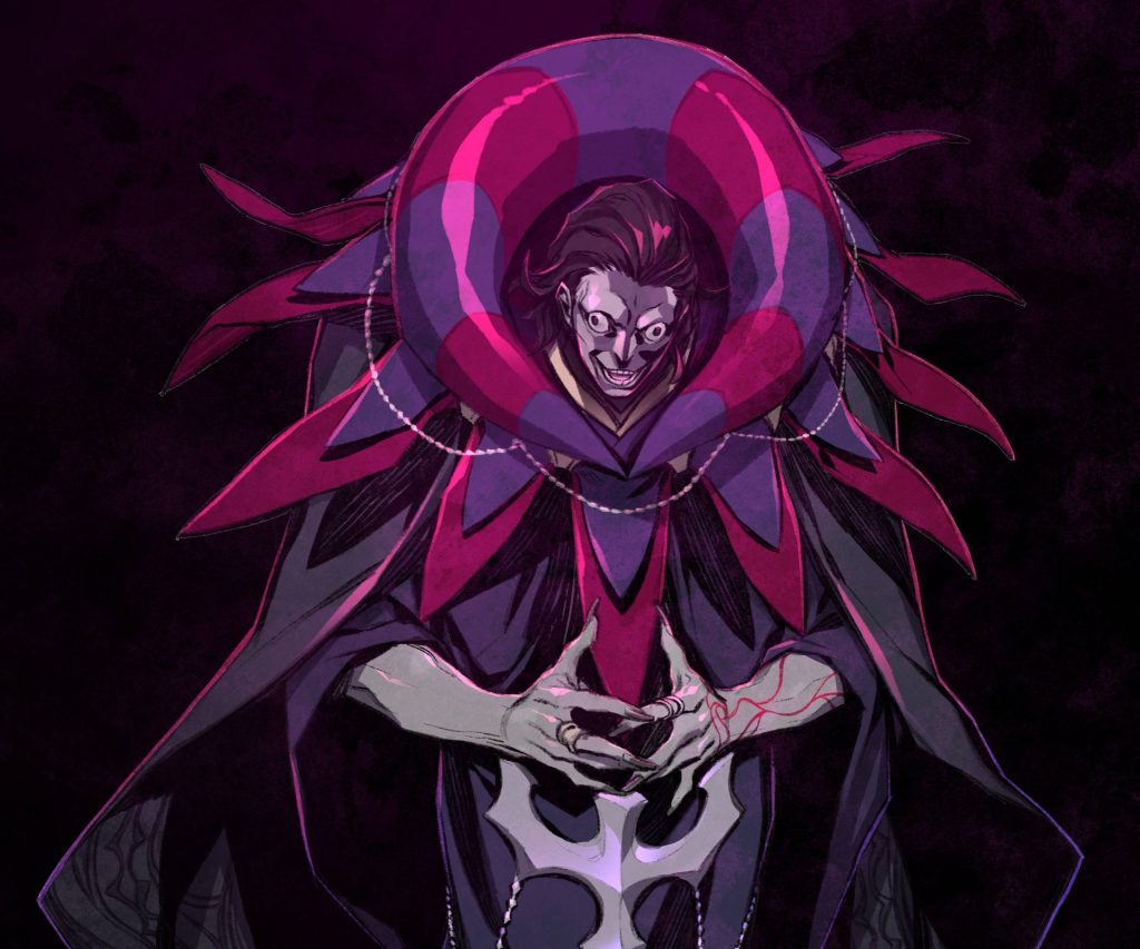 Gilles de Rais Fate Zero digital art with manic expression purple red collar dark anime wallpaper