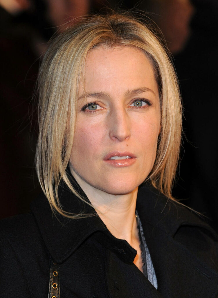 Gillian Anderson solemn expression blonde hair closeup portrait soft blurred background wallpaper