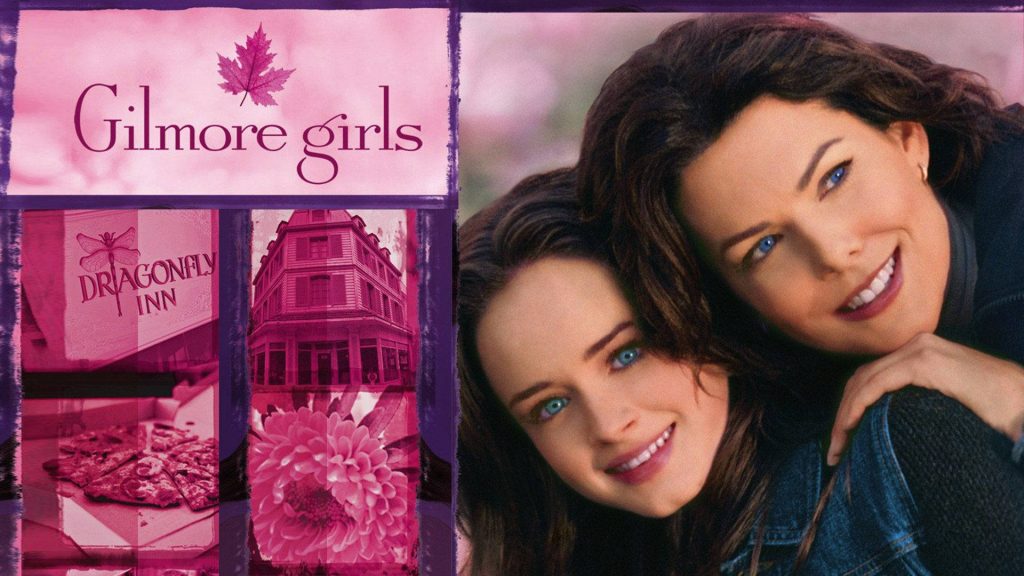 Vibrant fuchsia Gilmore Girls wallpaper with Lorelai Rory Dragonfly Inn and series logo collage