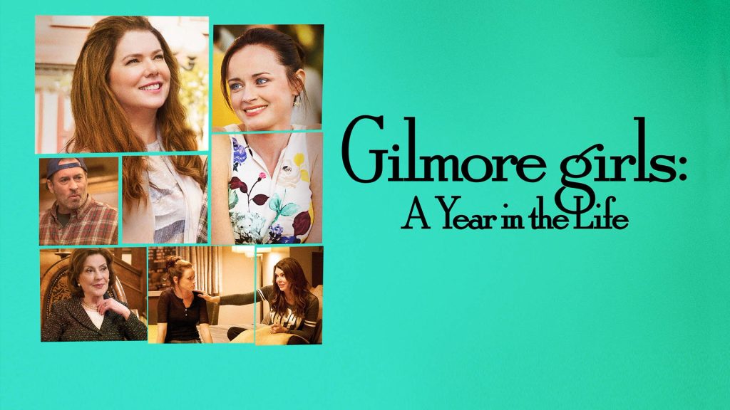 Gilmore Girls A Year in the Life wallpaper with Lorelai Rory Emily and Luke turquoise background