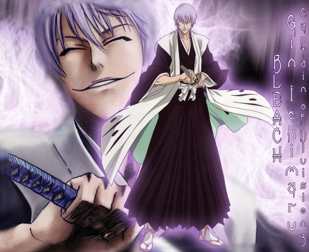 Gin Ichimaru 3rd Division captain in white haori with violet glowing Bleach anime wallpaper background