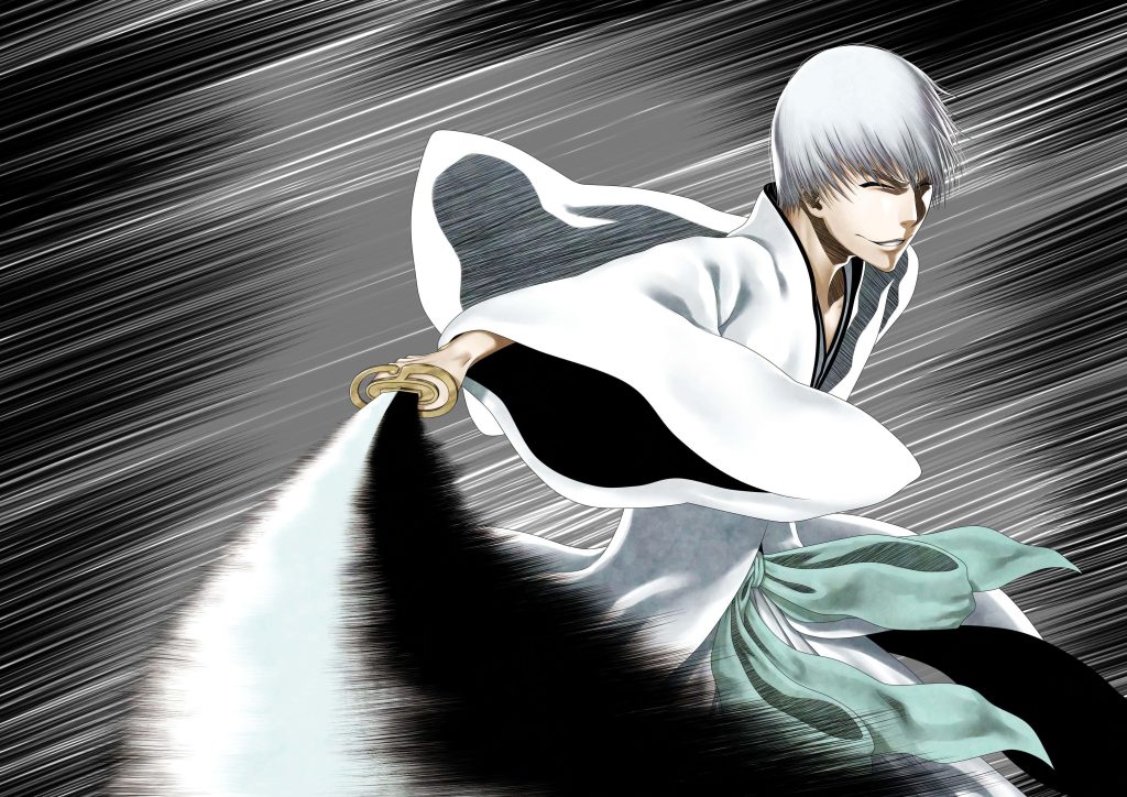 Bleach anime wallpaper of Gin Ichimaru with katana and sly smile against speed line background
