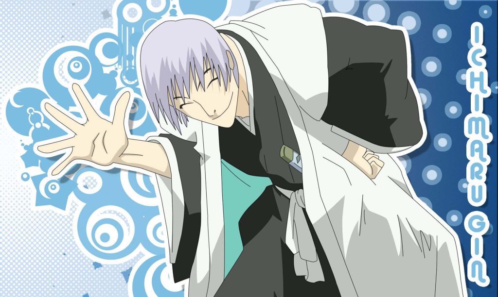 Gin Ichimaru Bleach wallpaper silver hair sly smile blue patterned background Gotei 13 attire