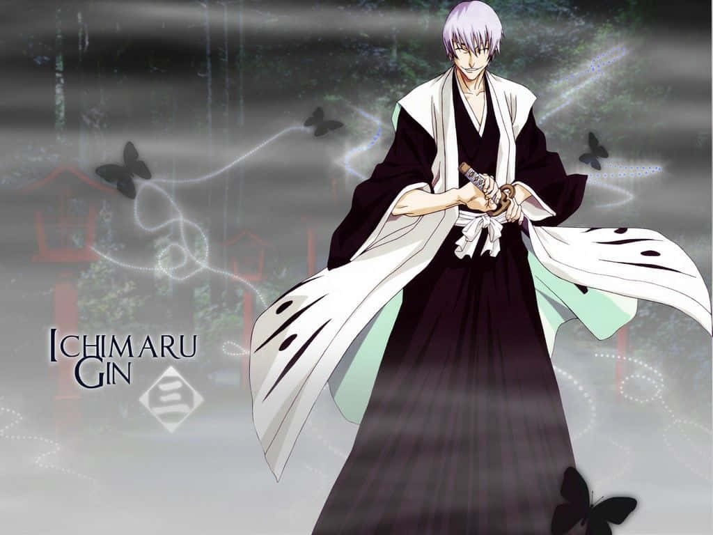 Gin Ichimaru Bleach wallpaper dark background ethereal butterflies captain attire sword