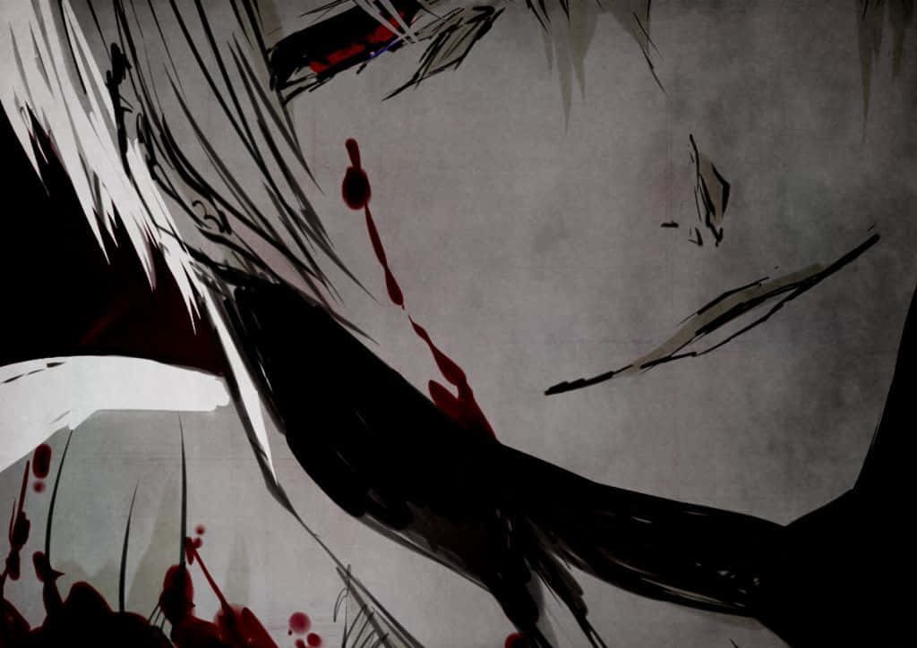 Extreme close-up of Gin Ichimaru anime character with smirk and piercing eyes dark blood-splattered background Wallpaper