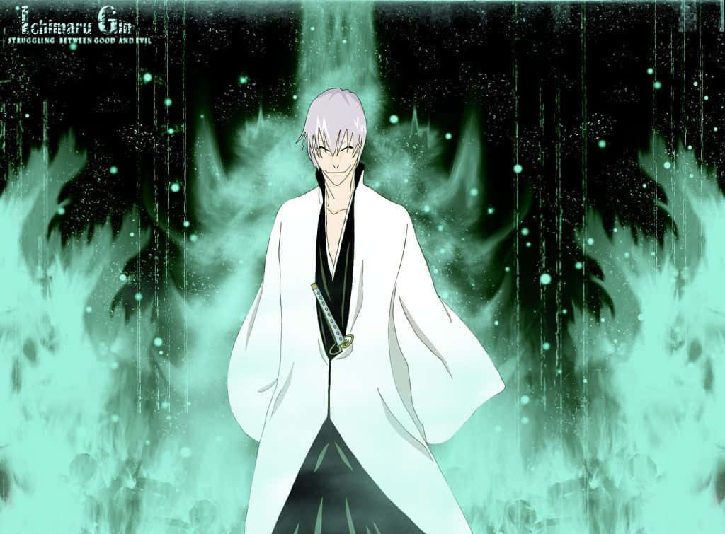 Gin Ichimaru Bleach wallpaper with squinting smile white haori glowing turquoise energy background