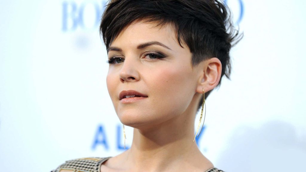 Ginnifer Goodwin portrait with chic pixie cut and gold earrings elegant red carpet style wallpaper