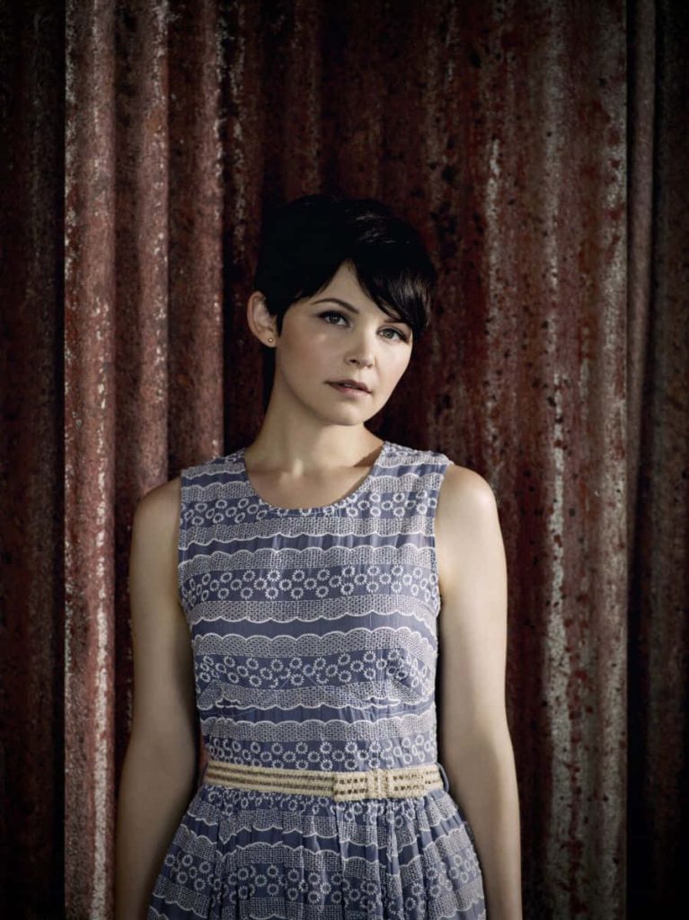 Ginnifer Goodwin portrait wallpaper blue dress short pixie cut rustic metal background