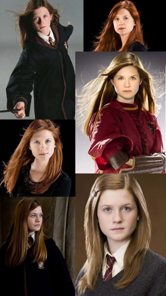 Ginny Weasley collage wallpaper with Bonnie Wright in Gryffindor robes and Quidditch gear