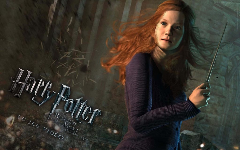 Ginny Weasley from Harry Potter Deathly Hallows Part 2 wielding wand cinematic CGI wallpaper