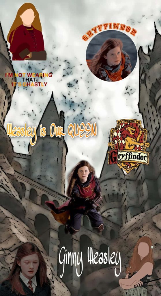 Ginny Weasley Harry Potter digital wallpaper with Hogwarts Castle and Gryffindor crest collage