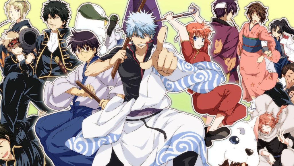 Gintama vibrant anime wallpaper featuring Odd Jobs trio and popular characters in dynamic poses