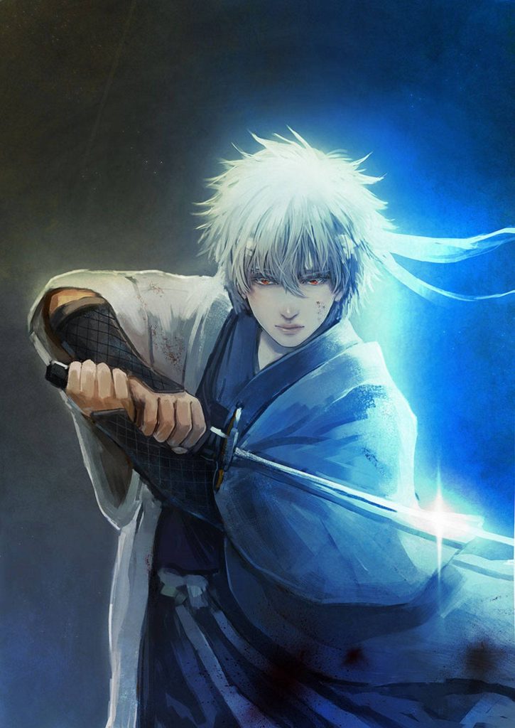 Sakata Gintoki with sword drawn glowing blue in dark moody Gintama fanart wallpaper background