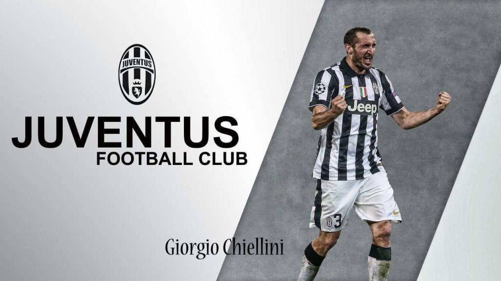 Giorgio Chiellini celebrating in Juventus home kit with split white grey background and logo Wallpaper