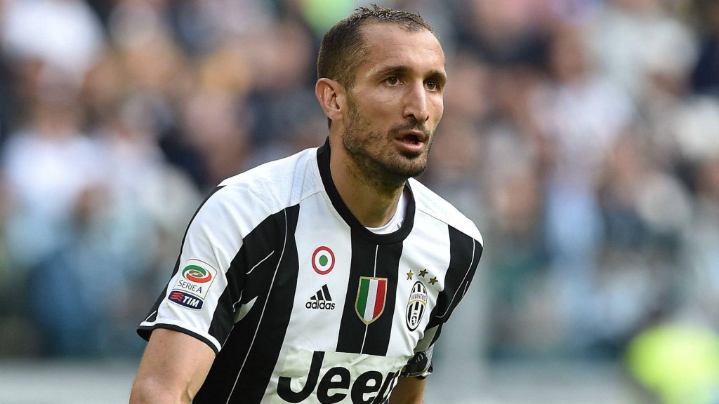 Giorgio Chiellini Juventus defender in black and white kit during intense Real Madrid match wallpaper