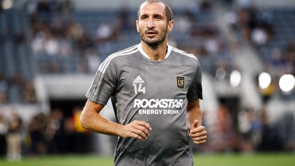 Giorgio Chiellini in grey LAFC training kit on pitch high-quality soccer wallpaper background