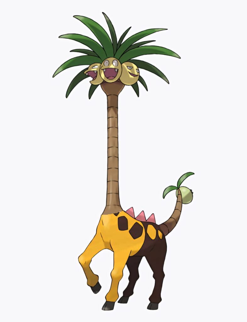 Creative Girafarig Exeggutor fusion wallpaper with giraffe body and palm tree heads vibrant design