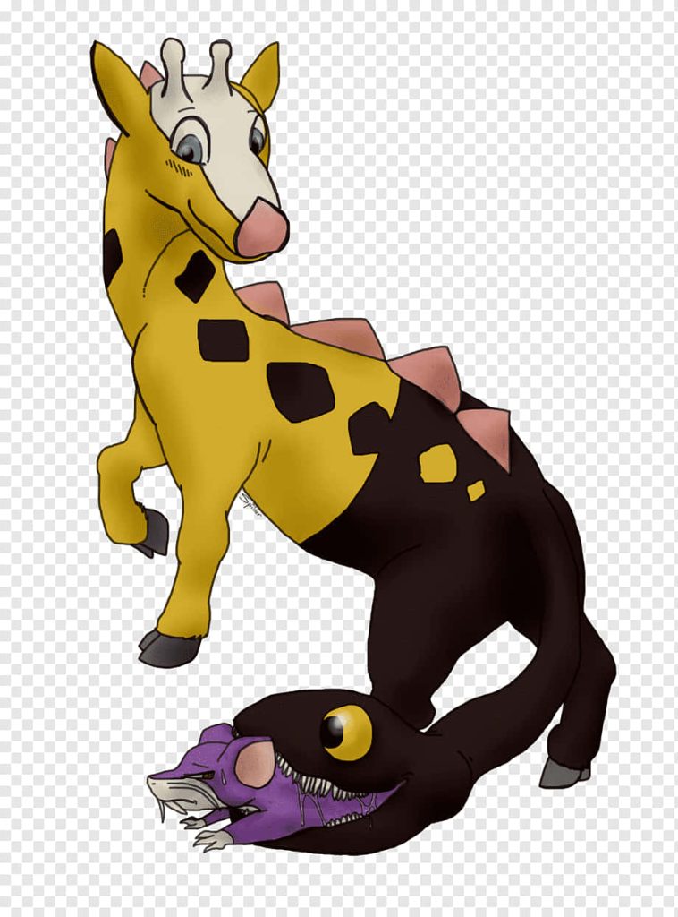 Digital art of Girafarig battling purple Rattata showing Girafarigs dual-headed tail attack wallpaper