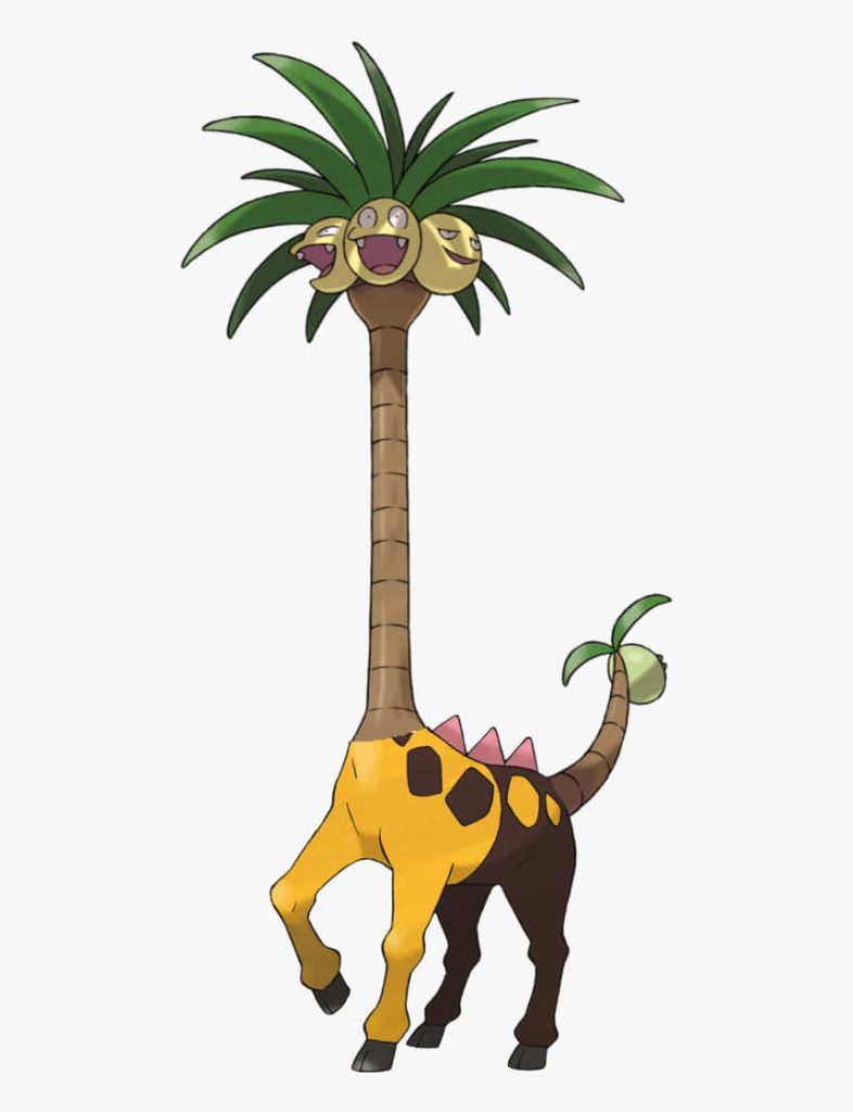 Digital Pokémon wallpaper showing fusion of Girafarig and Alolan Exeggutor in clean style