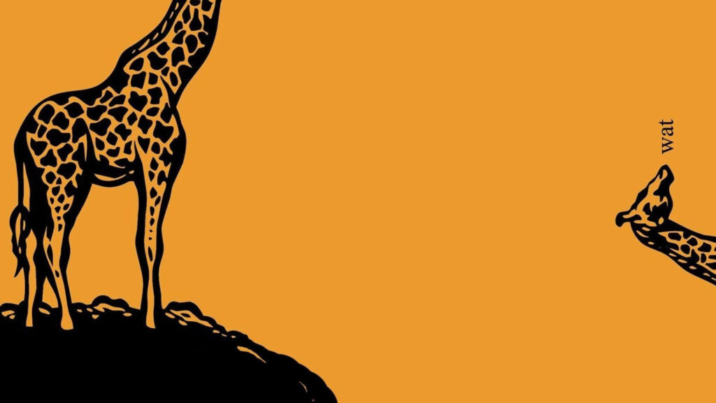 Headless Giraffe Comedy: A Hilarious Cartoon Clip Art Showcasing an Elevated Giraffe Body and a Dangling Giraffe Head against a Vibrant Orange Background Wallpaper