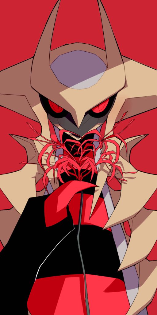 Giratina Altered Forme digital art with tan armor red eyes red spider lily on red background wallpaper