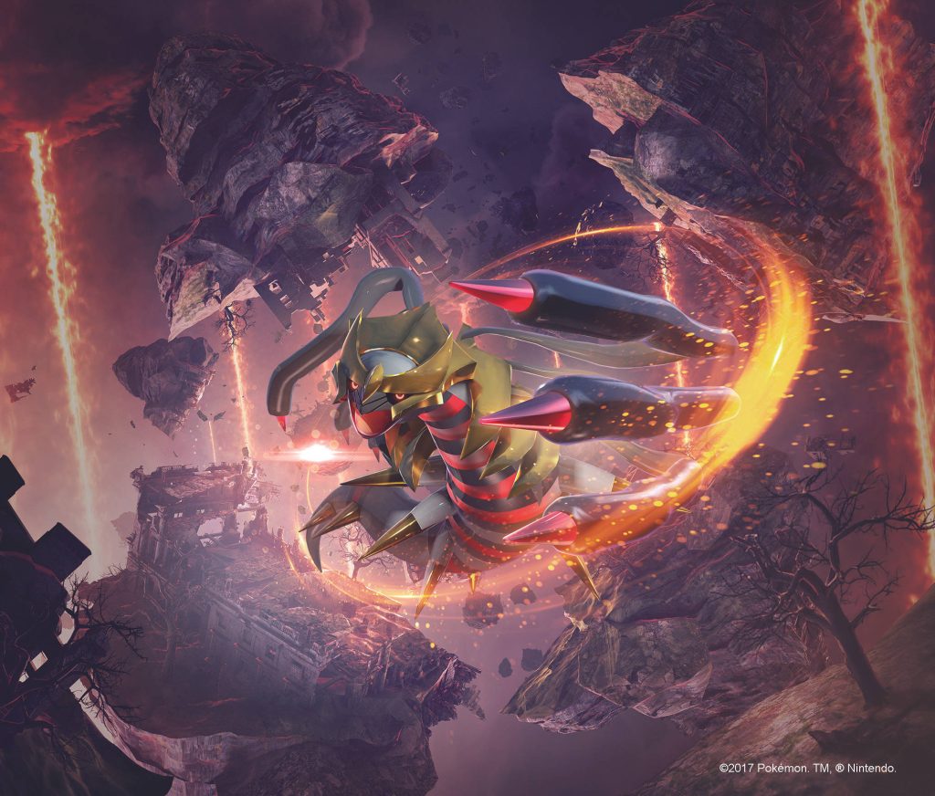 Giratina Origin Forme in fiery golden Distortion World 3D wallpaper intense dark scene