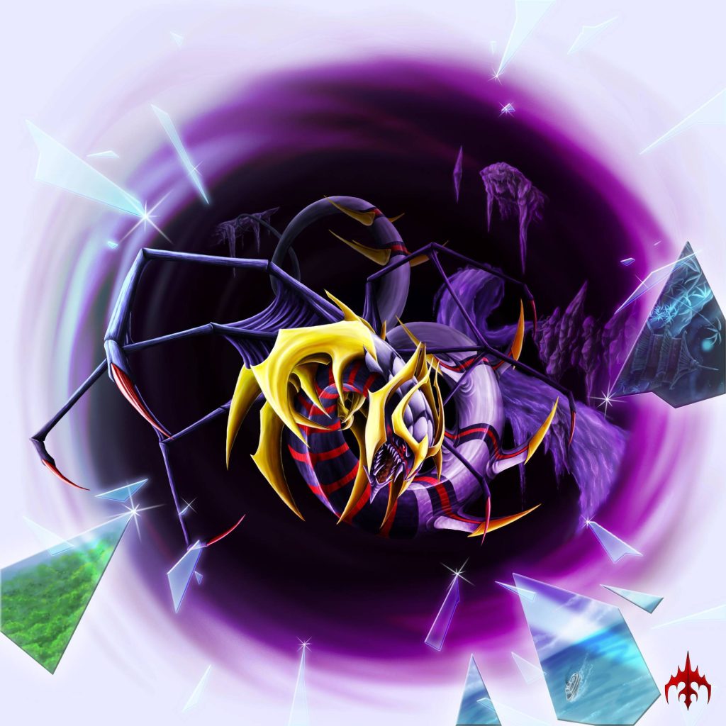 Giratina Origin Forme emerging from purple vortex with shattered glass portals vivid wallpaper