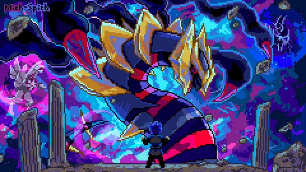 Giratina Origin Forme pixel art wallpaper cosmic dimension trainer neon blue pink backdrop