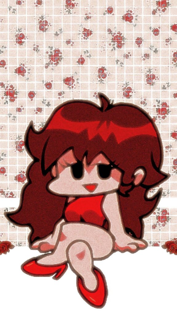 Girlfriend from Friday Night Funkin sitting with red roses on vintage grid textured wallpaper background