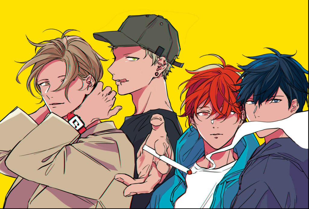 Vibrant Anime Crew Rocking a Sun-Kissed Aesthetic: Mafuyu, Ritsuka, Akihiko, and Haruki Strike a Pose under the Golden Sky Wallpaper