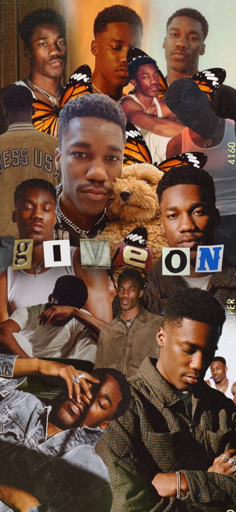 Giveon collage wallpaper with portraits monarch butterflies teddy bear warm artistic R&B background