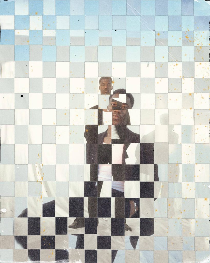Digital collage of R&B artist Giveon in geometric tiles with muted blue and vintage gray tones Wallpaper