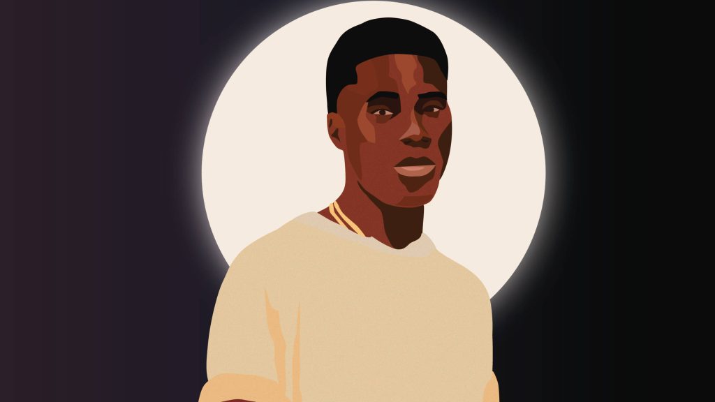 Minimalist vector portrait of R&B singer Giveon with gold chain and beige tee on dark backdrop Wallpaper