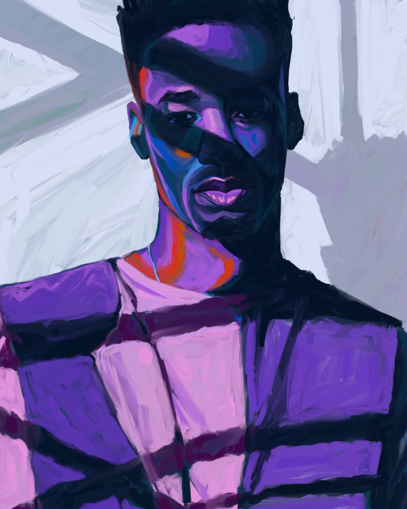 Abstract digital portrait of R&B singer Giveon in vibrant purple and blue tones with bold brushstrokes Wallpaper