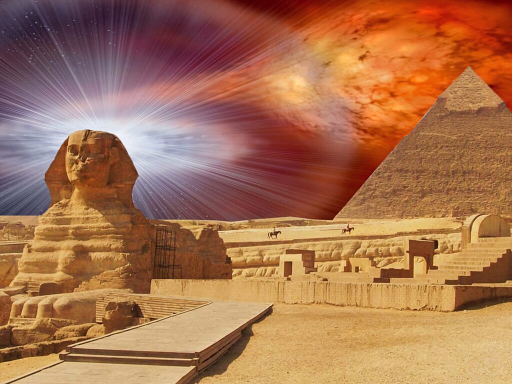 Giza Pyramids and Sphinx under vibrant cosmic red orange nebula sky surreal digital art wallpaper
