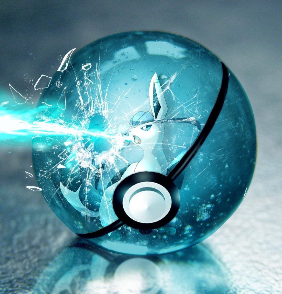 Glaceon unleashing frost attack shattering blue Pokéball vibrant cyber ice battle wallpaper