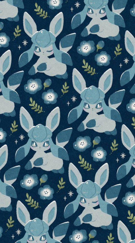 Whimsical Glaceon Pokémon pattern with blue flowers green sprigs on dark navy background wallpaper
