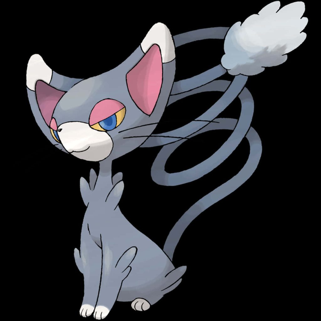 Glameow official artwork wallpaper showing sleek grey cat Pokemon with blue eyes on black background