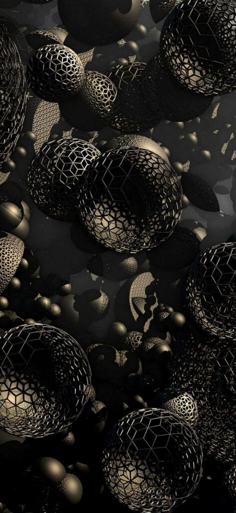 Gilded Reflections: Mesmerizing 3D Phone Render with Black Hollow Spheres Illuminated by Golden Light Wallpaper