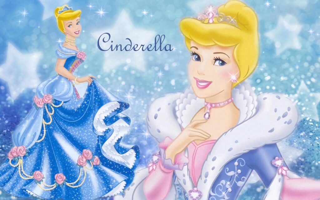 Princess Cinderella in shimmering blue gown with pink roses pearls tiara sparkling blue wallpaper